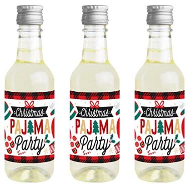 Imagem de Big Dot of Happiness Pijama de Natal – Mini adesivos de etiqueta de garrafa de vinho e champanhe – Presente de festa PJ xadrez para mulheres e homens – Conjunto de 16