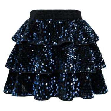 Imagem de GRACE KARIN Saia de lantejoulas para meninas moda festa três camadas saia com babados 5-14 anos, Azul, 12 Years
