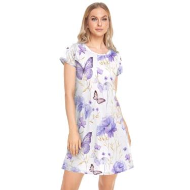 Imagem de CHIFIGNO Camisola feminina estampada de manga curta para mulheres adultas, vestido de noite confortável, Flores e borboletas violeta azul, P