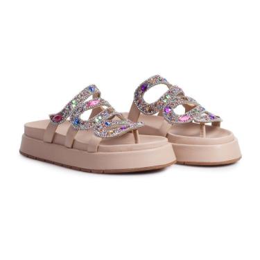 Imagem de Sandália Plataforma Flat Feminina Pedrarias Chatons Moda Casual Passeio Dia a Dia Mulher Elegante