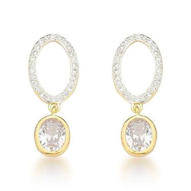 Imagem de Brinco Oval Vazado E Com Zirconia Banhado A Ouro 18k