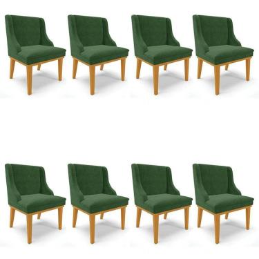 Imagem de Kit 8 Cadeiras Estofadas Para Sala De Jantar Base Fixa De Madeira Castanho Lia Suede Verde - Ibiza