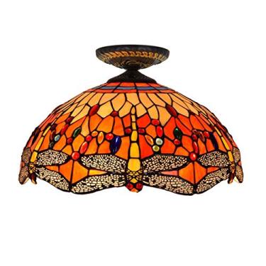 Imagem de Lustres de libélula vermelha estilo Tiffany, 3 luzes, luminárias de teto de vitral com abajur de 16 polegadas, decoração de contas de cristal vintage luminária suspensa para cama de sala de estar