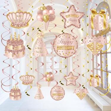 Imagem de Decorações de aniversário em ouro rosa rosa para mulheres e meninas, 30 peças de artigos de festa de espirais de feliz aniversário, 10º 16º 21º 30º 40º 50º 60º Bday Decoração de placa de teto