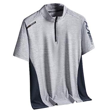 Imagem de Camiseta masculina atlética manga curta gola alta costura cor top secagem rápida suave fina academia, Cinza, XG