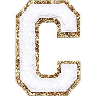 Imagem de 3 Pçs Chenille Letter Patches Ferro em Patches Glitter Varsity Letter Patches Bordado Borda Dourada Costurar em Patches para Vestuário Chapéu Bolsa de Camisa (Branco, C)