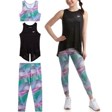 Imagem de Reebok Conjunto de leggings esportivas para meninas – Camisa de malha de 3 peças, leggings capri e sutiã esportivo cropped – Conjunto esportivo (7-12), Azul claro, 8