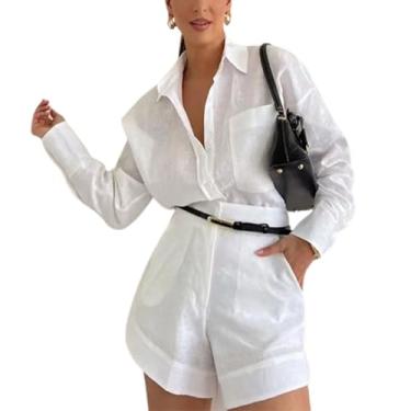 Imagem de Conjunto de blusa e shorts de linho casual feminino, calças curtas elegantes e terno de camisa de manga comprida (A,XL)