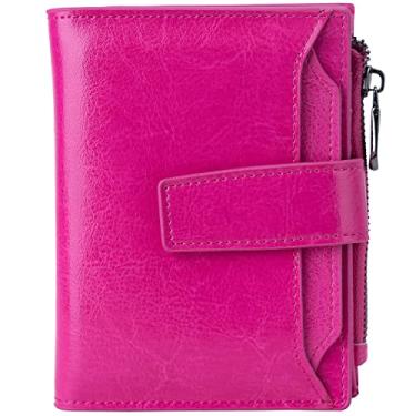 Imagem de Carteira feminina pequena de couro com bloqueio de RFID, bolso com zíper, compartimento para cartão de crédito e janela para identidade, Rosa choque, Small