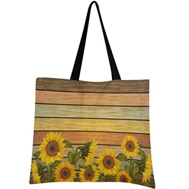 Imagem de visesunny Bolsa feminina grande de lona, girassóis, folhas, varicoloridas, florais, de madeira, alça de armazenamento, sacola de compras, casual, reutilizável, para praia, viagem, compras, livro