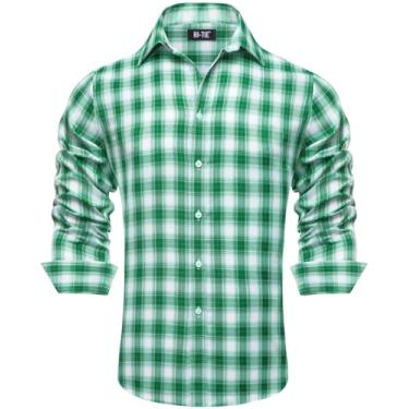 Imagem de Hi-Tie Camisetas masculinas xadrez verdes de botão com ajuste regular, manga comprida, camisas casuais de algodão (2GG), Xadrez verde, XXG