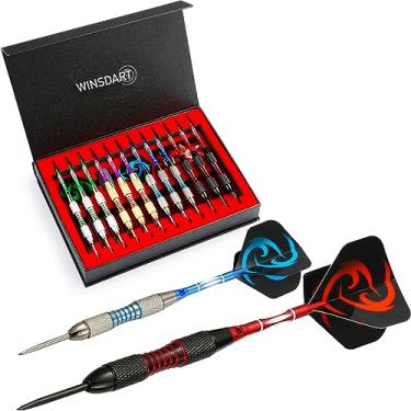 Imagem de WINSDART ADKX Conjunto de dardos de ponta de aço com 12 unidades com eixo de dardos de alumínio e voos de cilindro de ferro antiderrapante + apontador de dardos + uma caixa de presente (Darts-F, Darts-F)