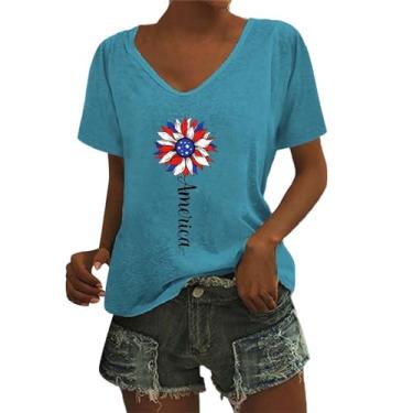 Imagem de Camiseta feminina com estampa de girassol Dia da Independência 4 de julho blusas gola V túnica ajuste solto camiseta verão, Azul, P