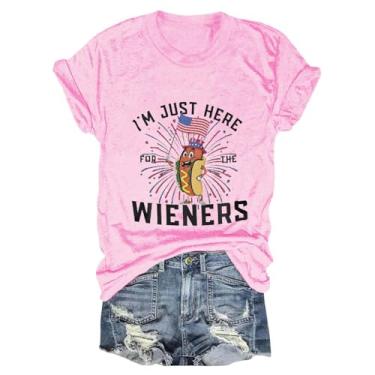 Imagem de Camiseta feminina de verão, estampa cachorro-quente, blusas Dia da Independência, túnica de 4 de julho, camiseta de festa de verão, rosa, P
