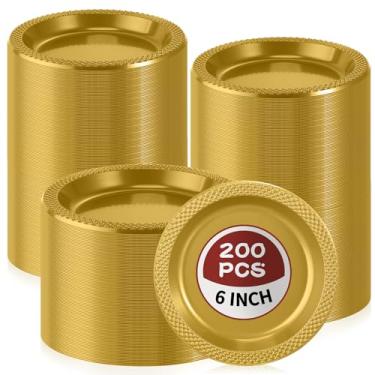 Imagem de Pratos de sobremesa de plástico dourado, 200 peças, pratos descartáveis redondos de 15,24 cm, pratos de casamento resistentes, pratos de jantar dourados a granel para festa de aniversário, jantar piquenique, salada, pratos de aperitivo dourados suprimentos de festa