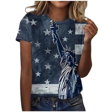 Imagem de Blusa feminina 4 de julho na moda verão gola redonda manga curta blusas elegantes bandeira americana ajuste solto, A03 multicolorido, P