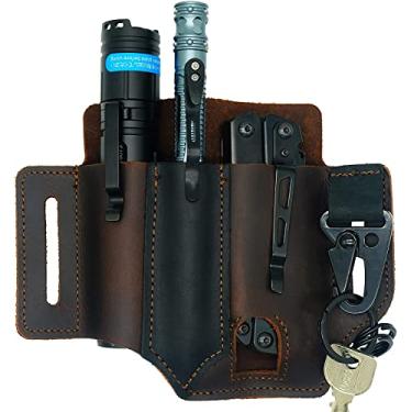 Imagem de EDC Bolso de couro, lanterna retrô coldre canivete bainha de cinto suporte tático para caneta com chaveiro 3 bolsos marrom (marrom)