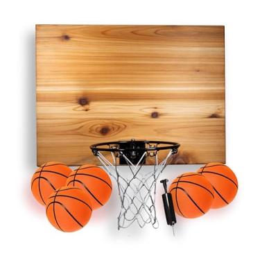 Imagem de Cali Kiwi Pros Conjunto de mini cesta de basquete e bola Elite, suporte de parede, interior feito nos EUA. Inclui aro de 23 cm, rede, bomba e 5 mini bolas de basquete. (Natural)