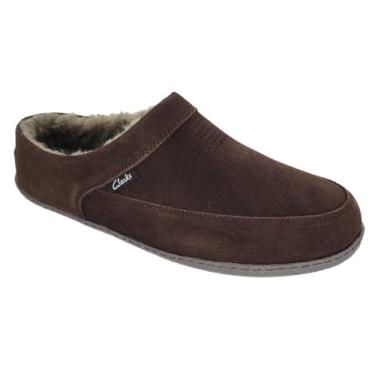 Imagem de Clarks Chinelo masculino de couro de camur a perfurada JMS0721 - Forro de pel cia quente de sherpa - Chinelos para casa ao ar livre para homens, Marrom escuro, 13