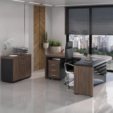 Imagem de Kit 3 Peças com Mesa para Escritório Diretor em L Tamburato, Armário Baixo e Gaveteiro com Chave Charuto/Preto