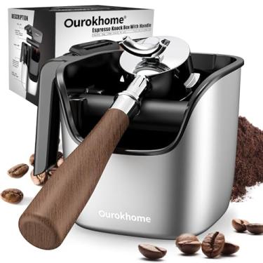 Imagem de Ourokhome Acessórios Knock Box Espresso, a mais recente máquina de café expresso patenteada de aço inoxidável para café moído com barra de batida removível, alça e tampa, pode ser lavada na lava-louças, 12 cm