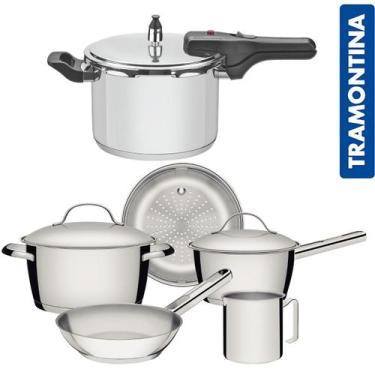 Imagem de Jogo Panela Inox Indução Alegra e Panela Pressão Brava Fundo Triplo - 