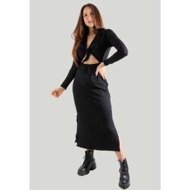 Imagem de Vestido Midi Ribana Laço Manga Longa Canelado - DILUXO, P, Feminino, P