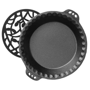 Imagem de KUHA Forma de torta de ferro fundido de 23 cm - Forma de ferro fundido antiaderente preta para assar maçã, abóbora, tortas de cereja - Assadeira redonda de ferro fundido pré-temperada - Vem com tripé