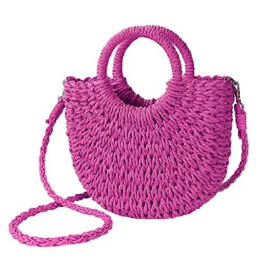 Imagem de Bolsa feminina de palha para praia de tecido transversal, bolsa de mão com alça superior para o verão, Vermelho rosa, One Size