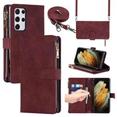 Imagem de Jaorty Capa carteira para Samsung Galaxy S21 Ultra 5G com compartimento para S-Pen, [9 compartimentos para cartão] Capa de couro magnético removível e ajustável, alça de ombro com zíper, 17,3 cm vinho