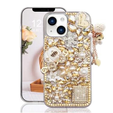 Imagem de Guppy Compatível com iPhone 15 Plus Bling Glitter Case, luxo diamante strass pedra preciosa 3D perfume garrafa e flor pedra preciosa abóbora carro torre pingente pérola macio TPU capa traseira capa preta