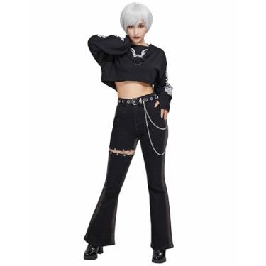 Imagem de Micotaku Calça jeans feminina Y2K gótica casual boca de sino rodada com cinto de cintura e acessórios de corrente, Preto, G