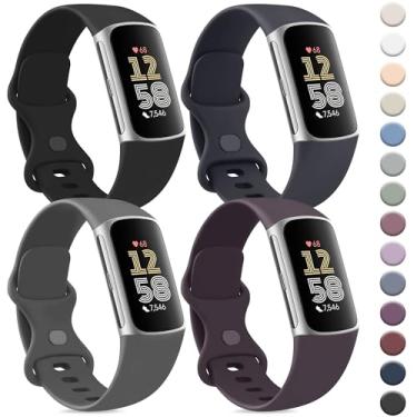 Imagem de Vancle Pulseira compatível com Fitbit Charge 6 para mulheres e homens [pacote com 4], pulseiras esportivas clássicas de substituição macia para Fitbit Charge 5 Fitness & Health Tracker (preto + roxo