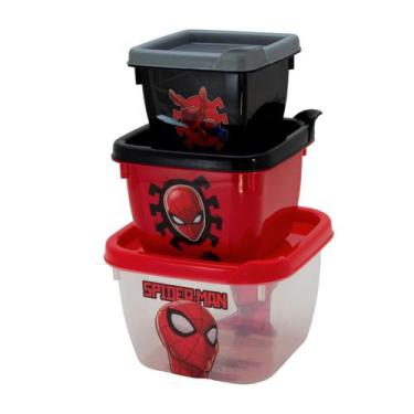 Imagem de Pote Homem Aranha Infantil Kit com 3 Marmitas para lanche Escolar Plas
