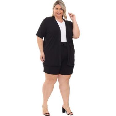 Imagem de Conjunto Kimono e Bermuda Plus size Moda Curvy Plus All Size, Preto, g