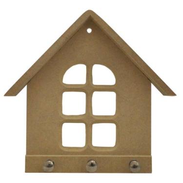 Imagem de Porta Chaves Casinha Janela Vazada Lisa 3 Pinos 15,5x16,5cm MDF Madeir