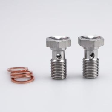 Imagem de AC PERFORMANCE 2 peças de aço inoxidável M10x1.0 rosca métrica Turbo freio adaptador de parafuso banjo com arruelas de cobre, parafuso banjo único 20 mm de comprimento
