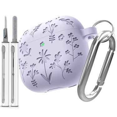 Imagem de DamonLight Capa Flora gravada para AirPods 4 com cancelamento ativo de ruído, capa protetora de silicone macio à prova de choque com caneta de limpeza e chaveiro para Apple Airpods 4ª geração (roxa)