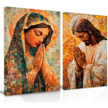 Imagem de Kit 2 Quadros Decorativos Canvas 60x90 cm, Jesus e Maria, Arte Para Quarto, Sala, Corredor