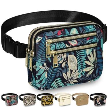 Imagem de Capolo Pochete feminina moderna com alça ajustável e 4 bolsos com zíper à prova d'água para qualquer lugar bolsa de cinto para treino, corrida, viagem, Folhas azuis