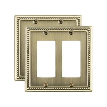 Imagem de TREEWELL Pacote com 2 placas decorativas duplas, placas decorativas para interruptores e tampas de tomada, 2 placas de parede de metal de latão antigo, resistentes à corrosão