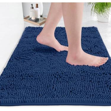 Imagem de Tapetes de banho de pelúcia de chenille de textura ultra macia, tapete de banho antiderrapante de microfibra para cozinha/entrada/sala de estar (76 x 50 cm, azul)
