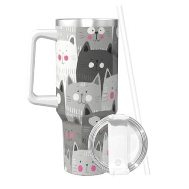 Imagem de PTONUIC Copo padrão de gato 1,134 g com alça e tampa de canudo | Copo isolado reutilizável de aço inoxidável garrafa de água caneca de viagem porta-copos amigável | presentes para mulheres homens ele