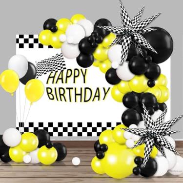 Imagem de Yellow Black White Balloon with checkered exploding star garland arch kit,for Kid's Birthday Party, any Motorsports-themed event, Graduations