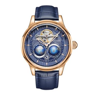 Imagem de SEAKOSS Relógio masculino de luxo de 47 mm com globo duplo automático para homens, relógio mecânico, dispositivo de volante, relógio social masculino, Rosa branco e marrom