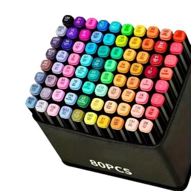 Imagem de Conjunto de Canetas Marcador Permanente Canetinhas para Colorir Touch com Ponta Dupla para Desenhos Profissional e Escolar com Duas Pontas Hidrográficas com Estojo para Transporte Brashopmall® (80)