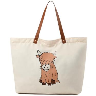 Imagem de LEMEDE Bolsa de compras personalizada ecológica - Sacolas minimalistas dobráveis de lona com zíper de 30L, presentes de aniversário para mulheres, Bolsa Highland Cow bege (marrom), Large