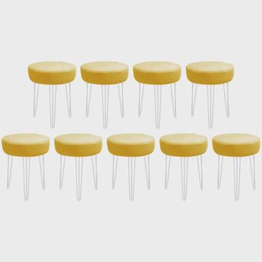 Imagem de Kit 09 Banquetas Puff Jullia Luxo 55cm Industrial Ferro Branco Corino Amarelo - Ahazzo Móveis