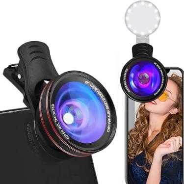 Imagem de Lente grande angular 0,45X e macro 15X para iPhone com luz LED - Kit de lente de câmera de telefone duplo para fotografia/vlogging, compatível com iPhone 15 Pro Max/14/13/12, Samsung Galaxy