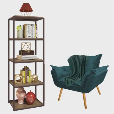 Imagem de Kit Poltrona Fatte com Manta Soft Verde e Estante Livreiro Ferro Marrom mdf Carvalho Suede Azul Turquesa - Ahz Móveis